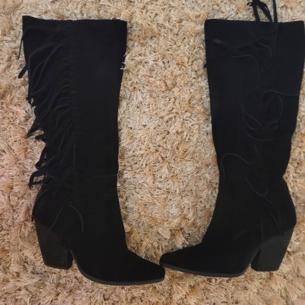 Rare black suede fringed knee high sexy af boots